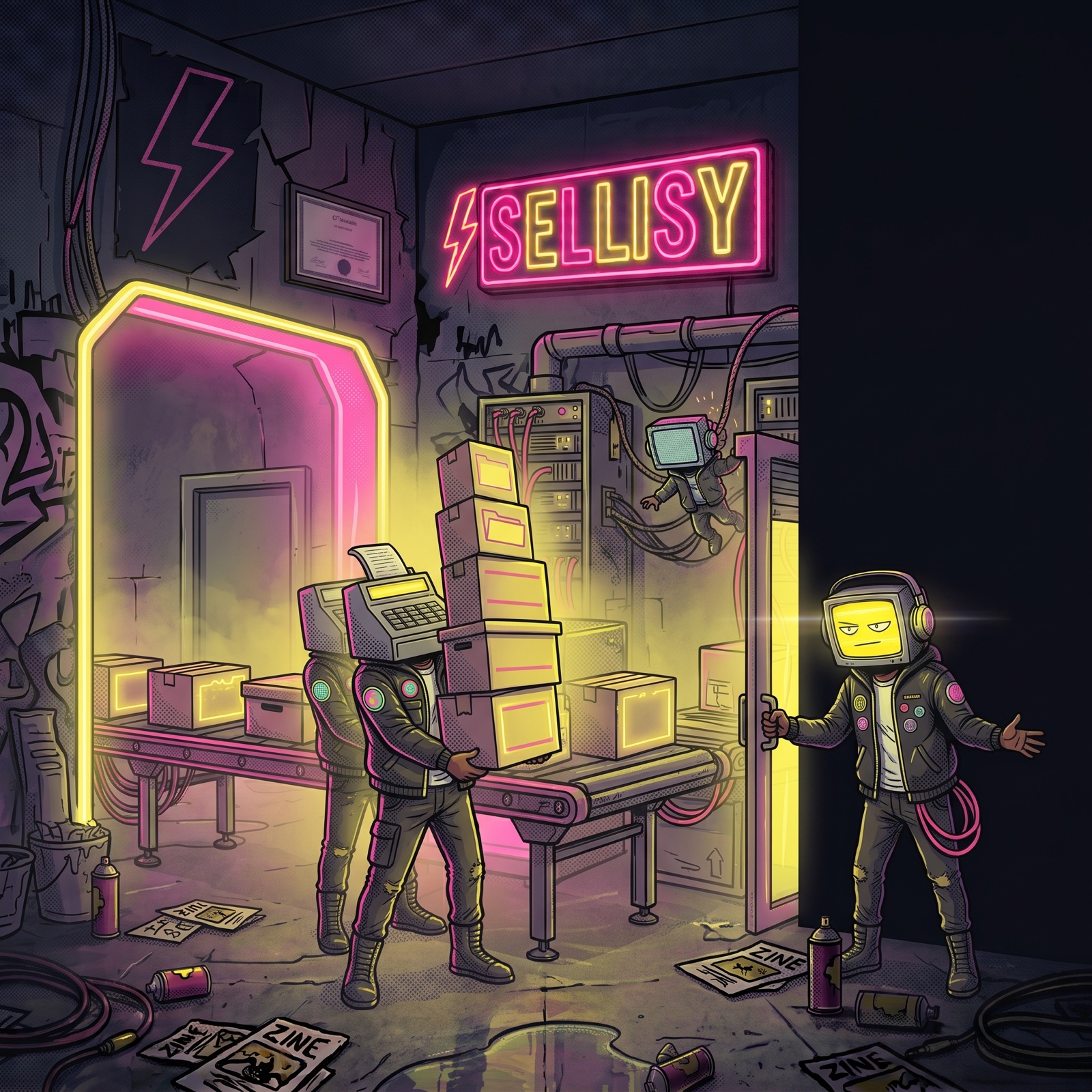 The Sellisy crew moving product boxes down a neon conveyor belt in the Sublevel