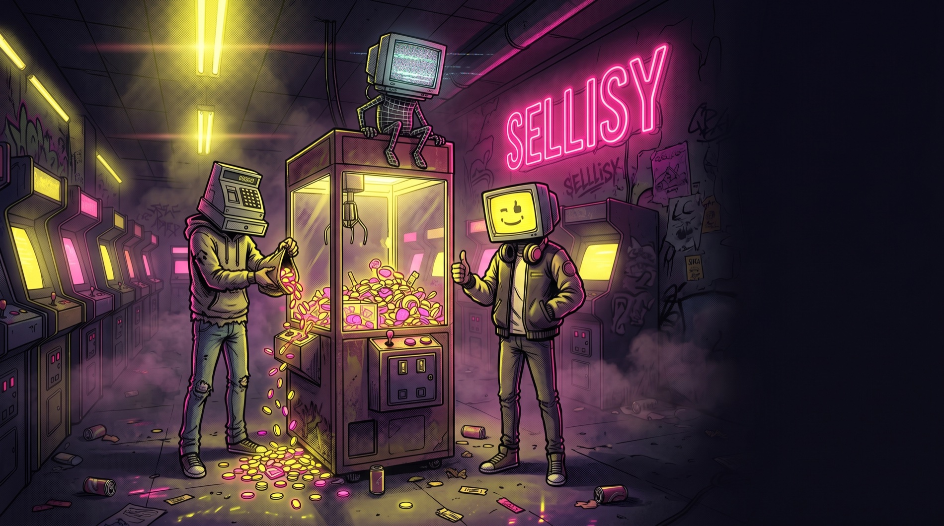 A Sellisy character scooping glowing coins pouring out of an arcade claw machine